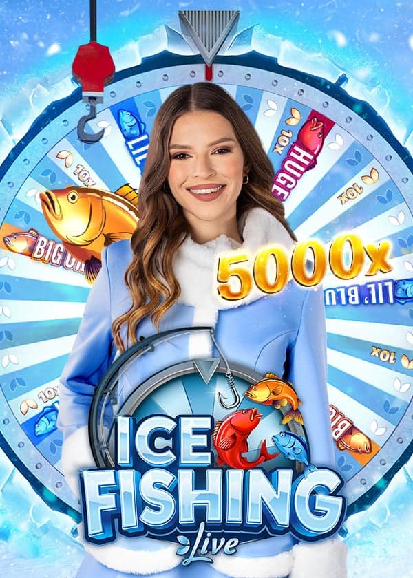 Ice Fishing Live poster by Evolution Gaming showing the 5000x max win