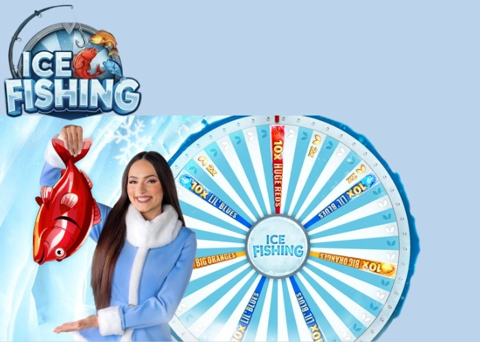 Evolution Gaming live host presenting the Ice Fishing wheel and a red fish