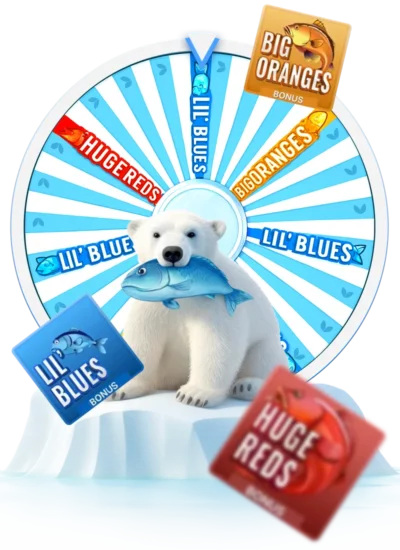 Ice Fishing main game wheel with Lil' Blues, Big Oranges and Huge Reds bonus tiles