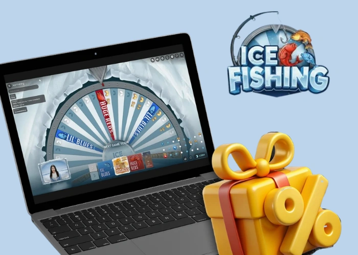 Ice Fishing bonus round wheel by Evolution Gaming shown on a laptop screen