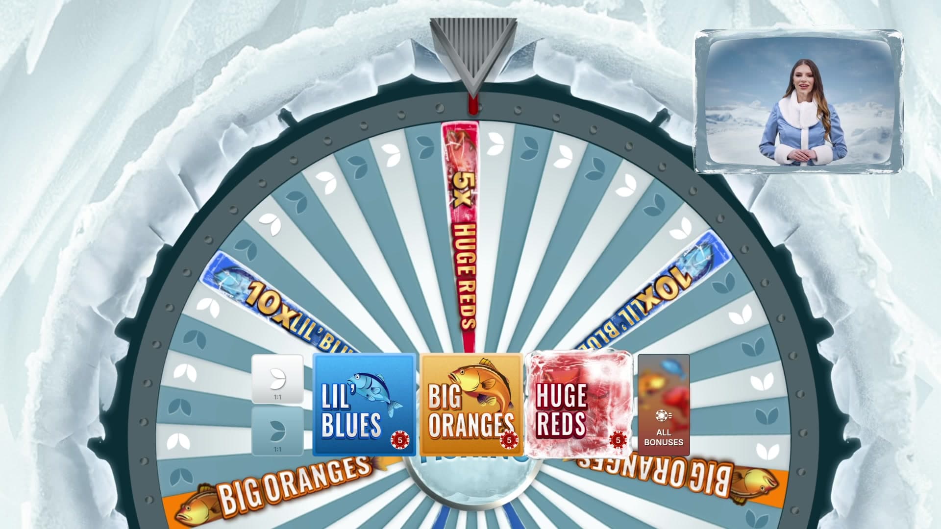 Ice Fishing game show wheel by Evolution Gaming with 5x Huge Reds and 10x Lil' Blues multiplier segments